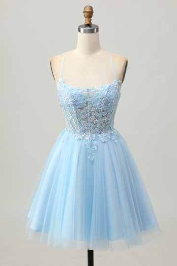Corset Light Blue A Line Homecoming Dress With Appliques
